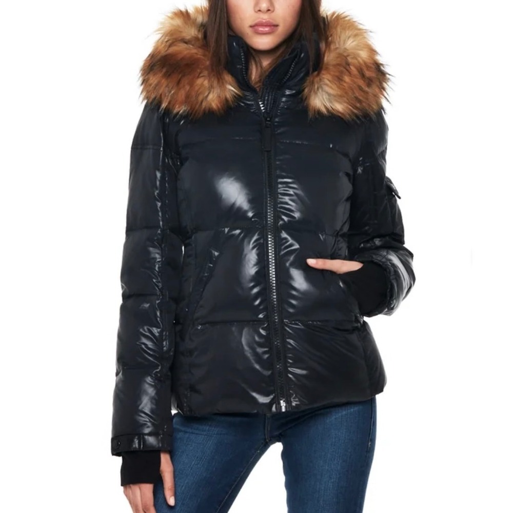 S13 New York Black Shiny Puffer Coat Faux Fur Hood Women's XL